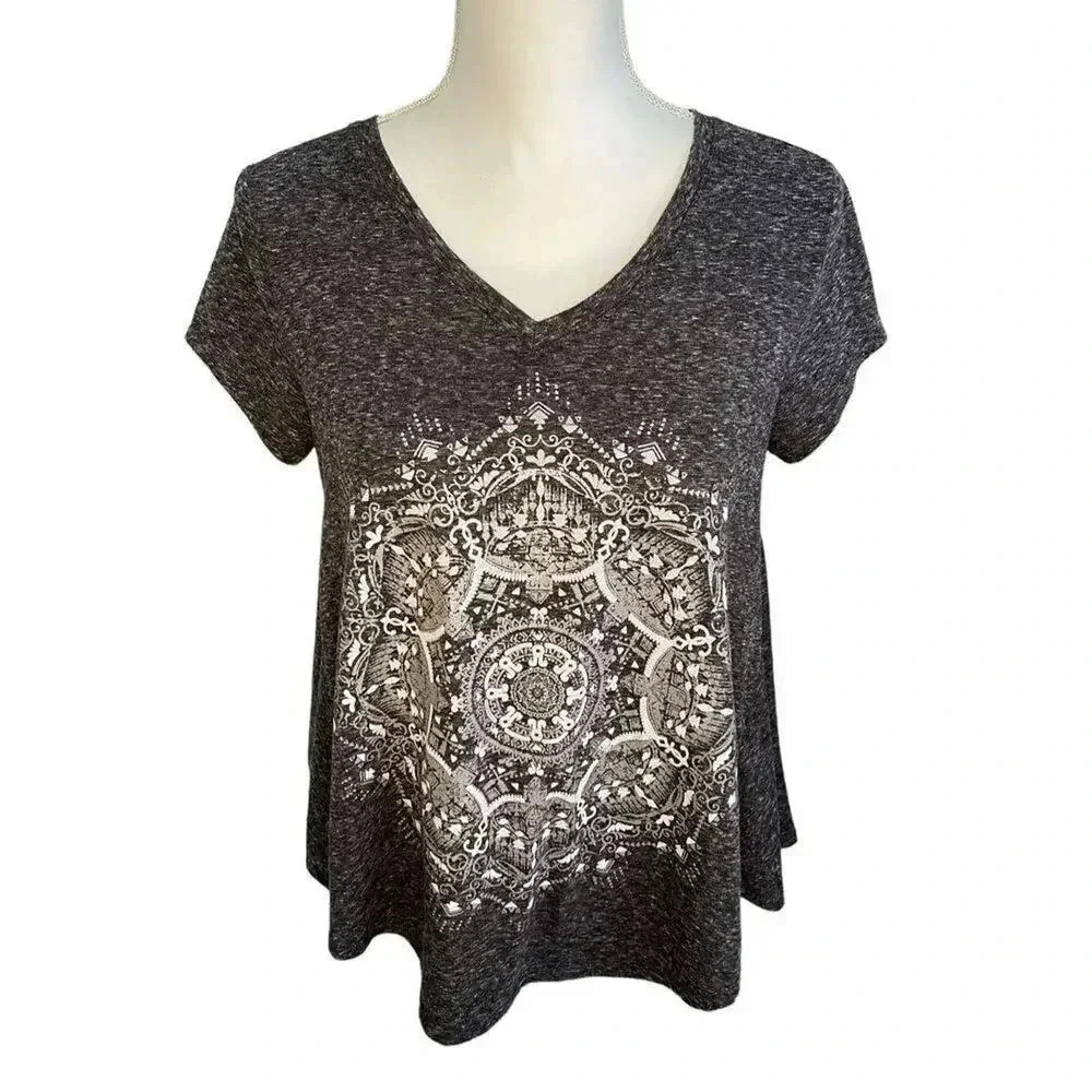 Style & Co. Charcoal Heather V‑Neck Short Sleeve Tee with White Mandala